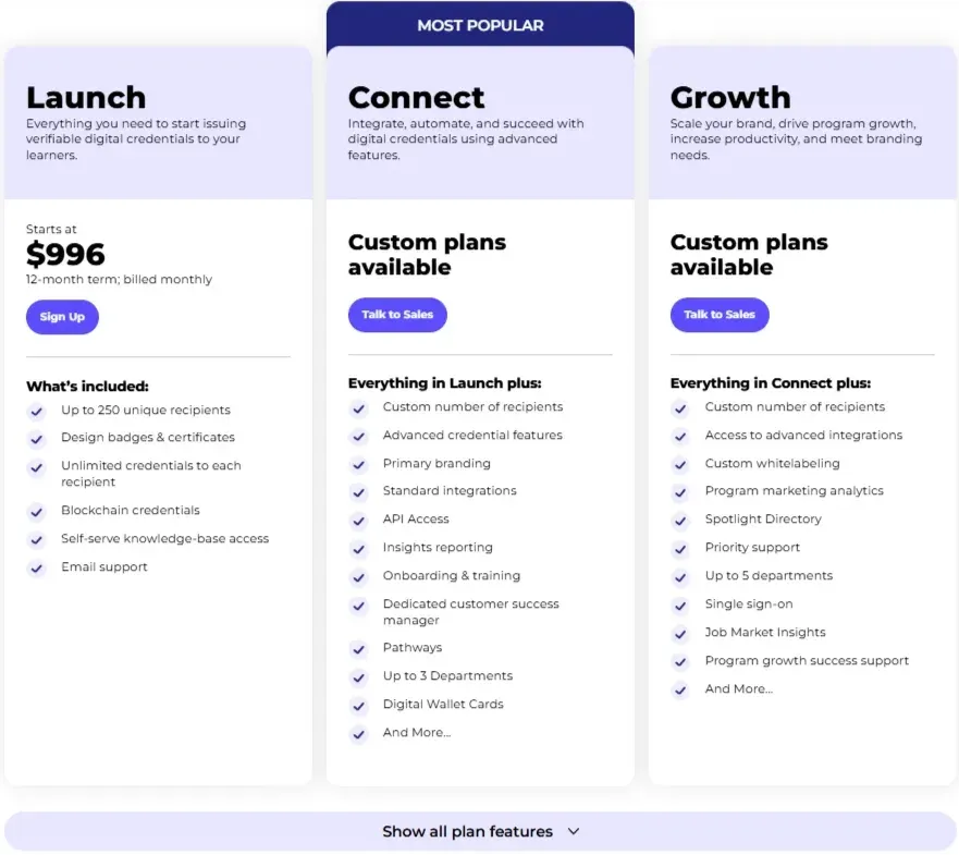 Accredible pricing: Launch from $996 on a 12-month term, Connect and Growth custom plans