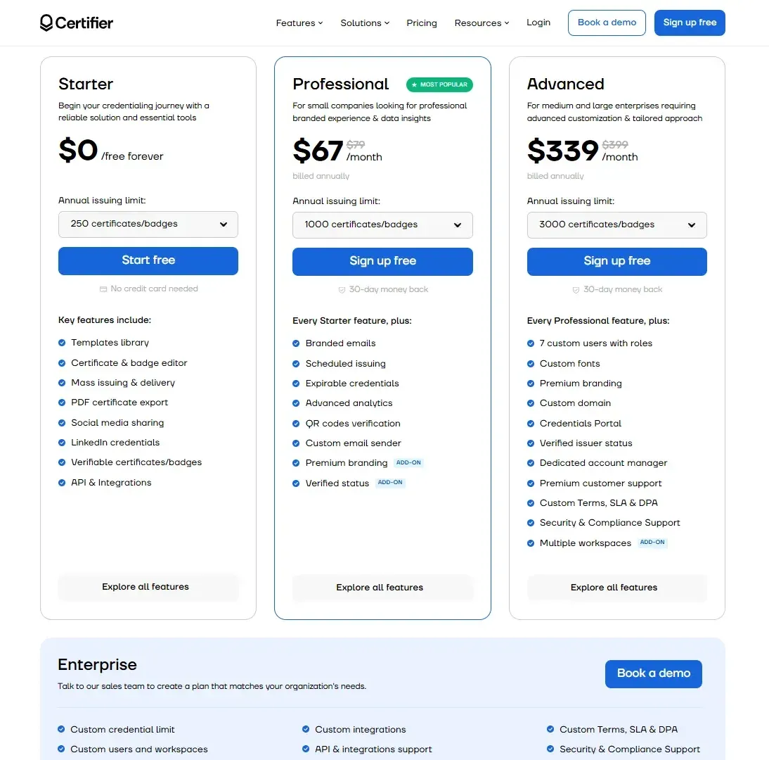 Certifier pricing: free Starter, Professional at $67/month and Advanced at $339/month