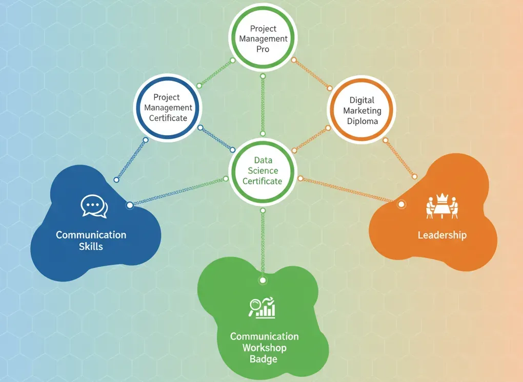 Network map linking certificates and badges to skill clusters such as communication and leadership
