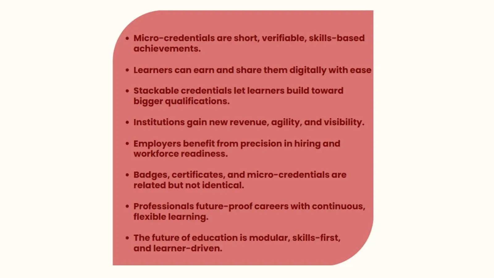 Key takeaways: micro-credentials are short, verifiable, stackable and benefit learners, institutions and employers