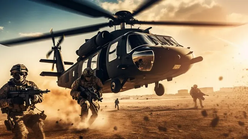 Armed soldiers running from a landing military helicopter in a desert