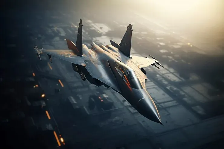 Fighter jet flying low over a city at dusk