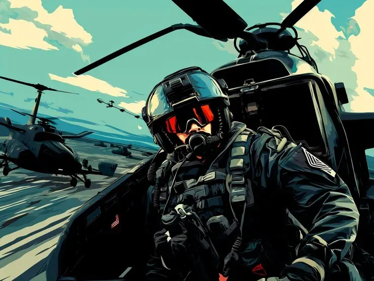 Illustration of a helmeted helicopter pilot beside military helicopters on an airfield
