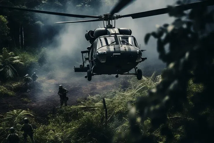 Military helicopter hovering over soldiers in a smoky jungle clearing