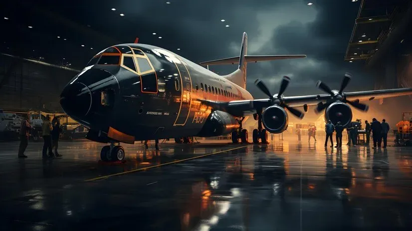 Military transport aircraft with propeller engines inside a dark hangar