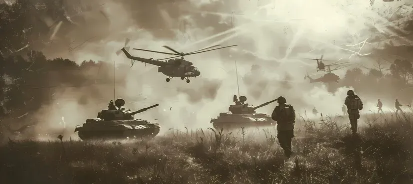 Sepia battlefield scene with tanks, helicopters and soldiers advancing through smoke