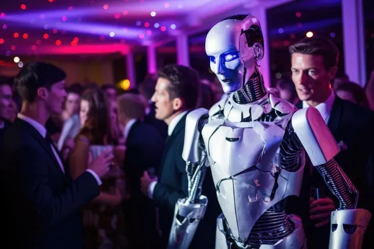 Silver humanoid robot standing among people in suits at an evening event