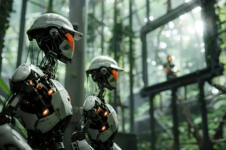 Two white humanoid robots wearing hard hats inside a greenhouse