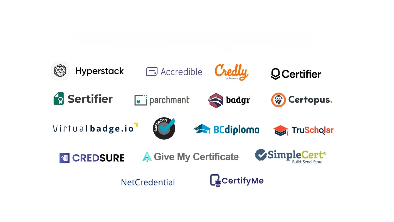 Logos of digital credential platforms including Hyperstack, Accredible, Credly and Certifier