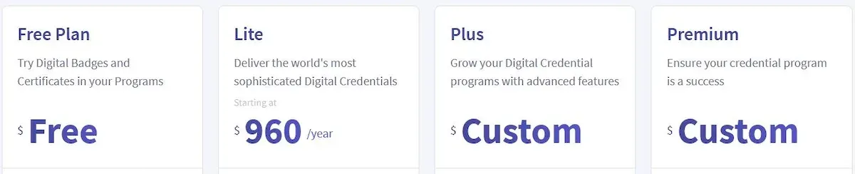 Accredible pricing plans: Free, Lite from $960 per year, Plus and Premium custom