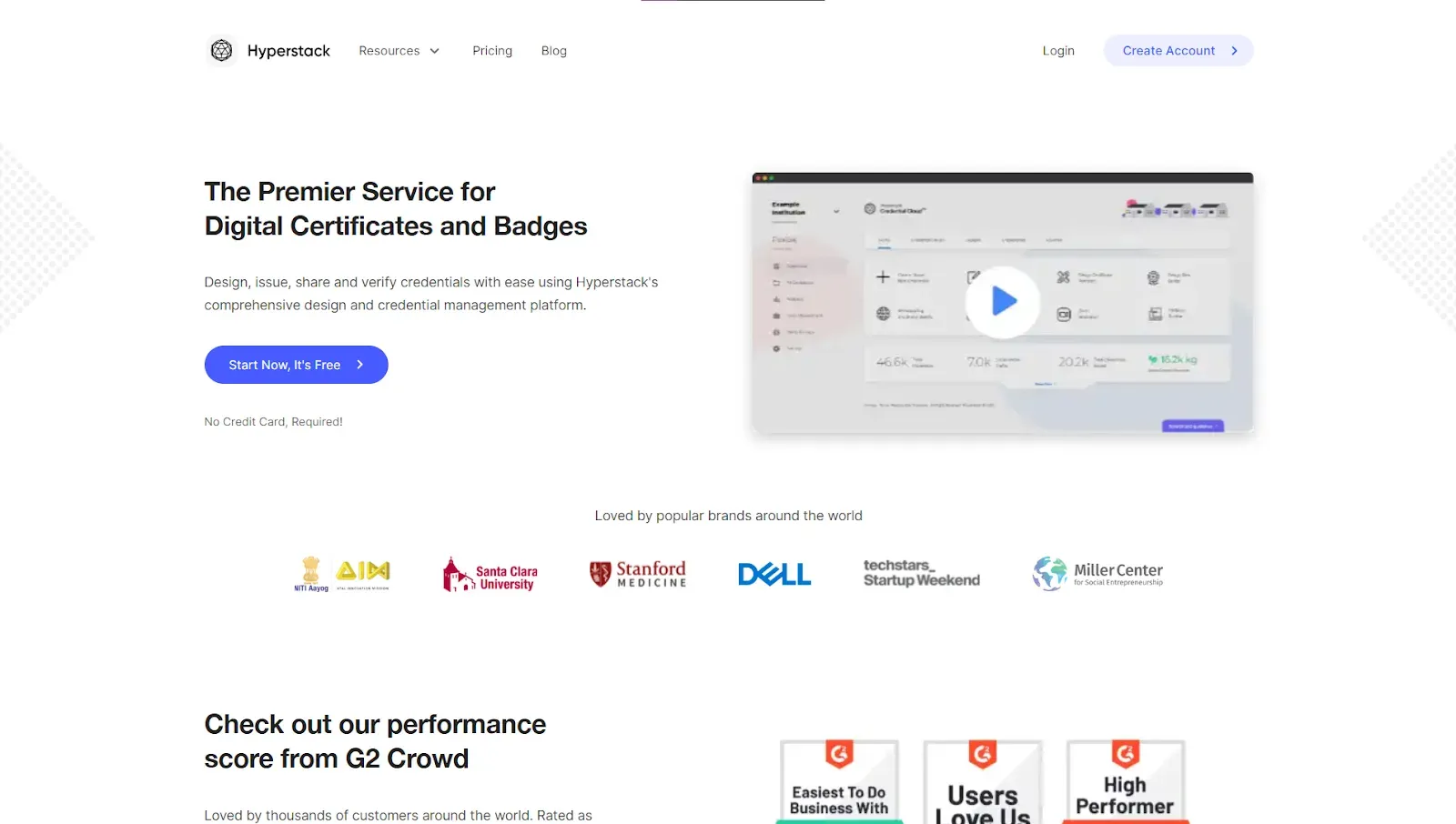 Hyperstack homepage offering digital certificates and badges, with customer logos and G2 awards