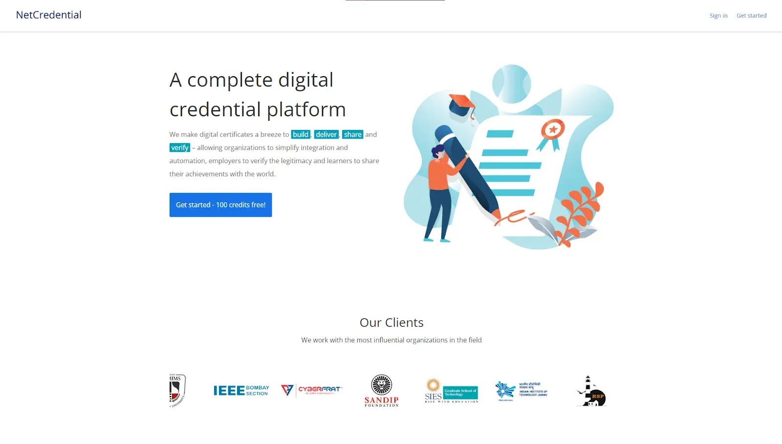 NetCredential homepage describing a complete digital credential platform, with client logos