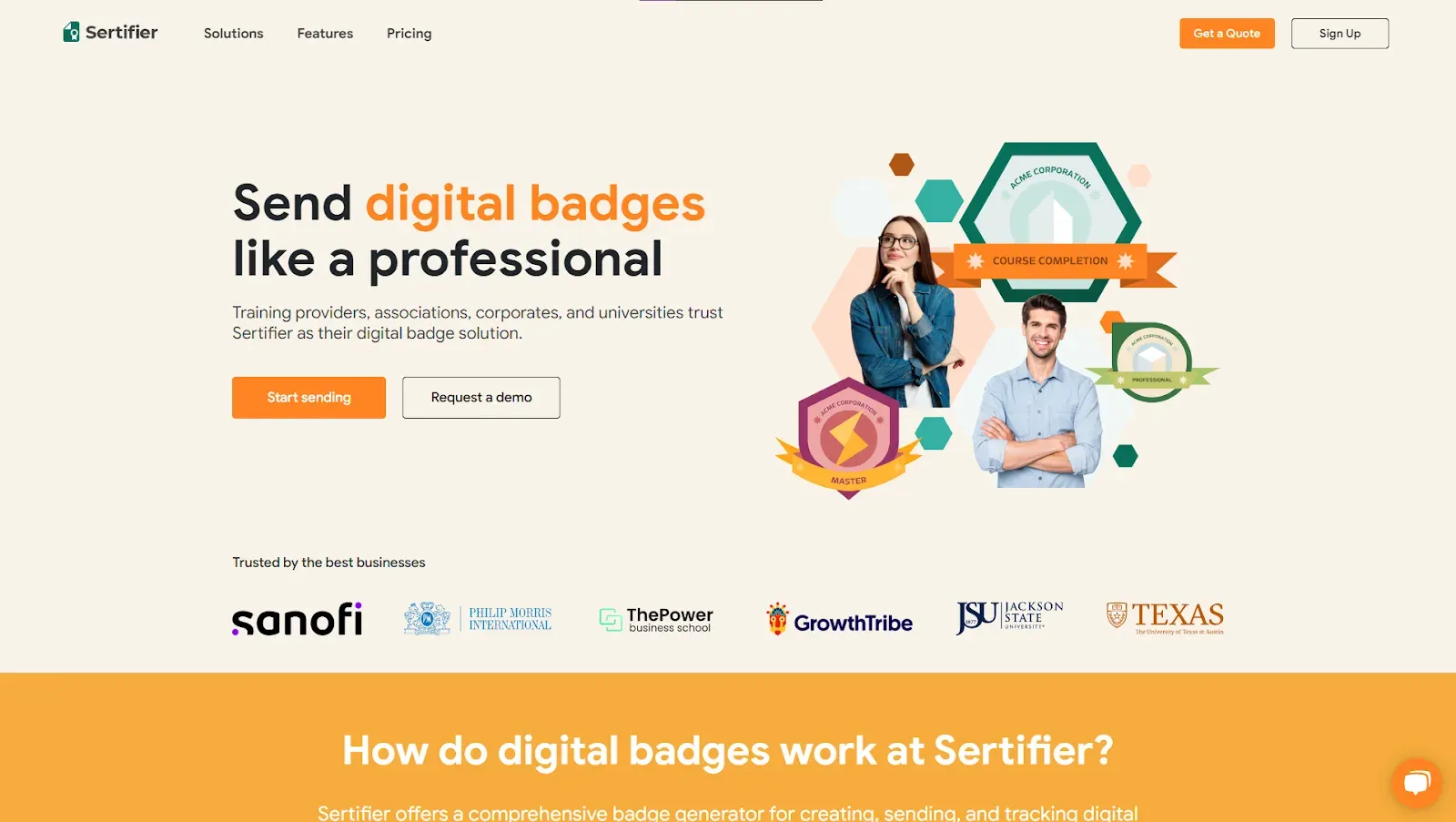 Sertifier homepage promoting digital badges, with sample badge designs and client logos