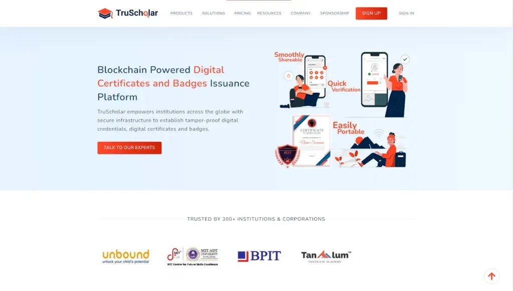 TruScholar homepage for a blockchain-powered digital certificates and badges issuance platform