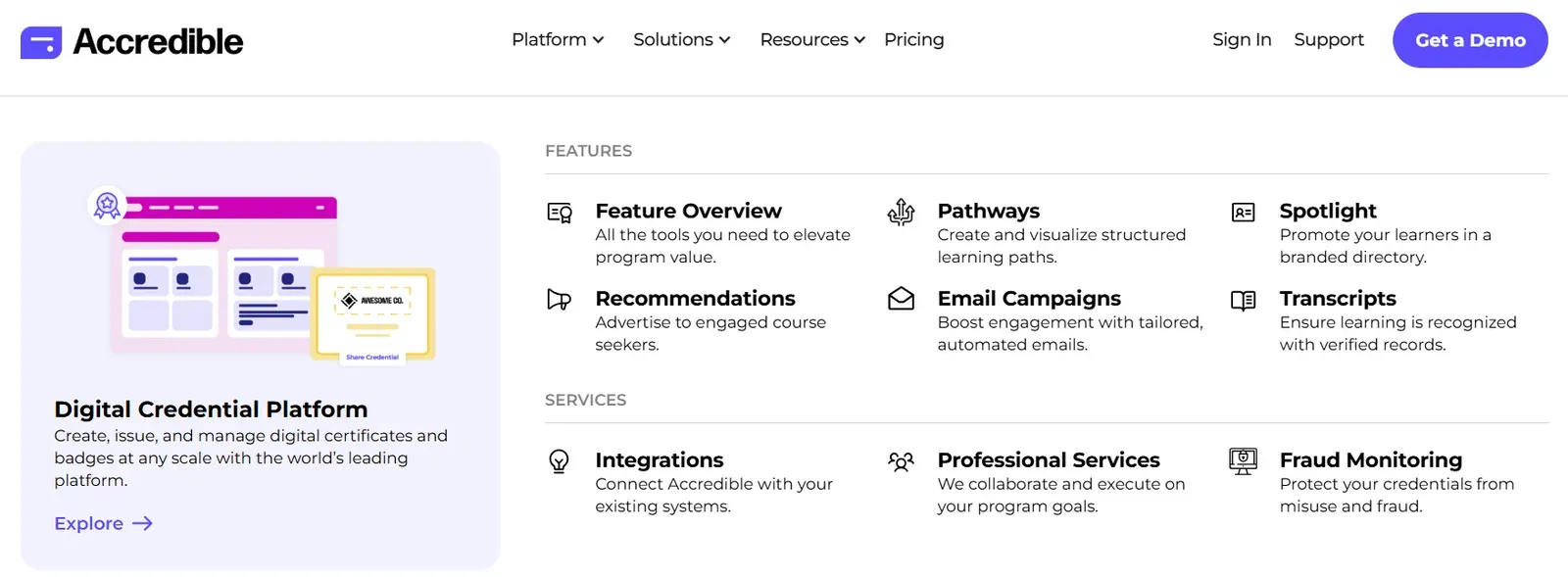 Accredible website menu listing platform features and services