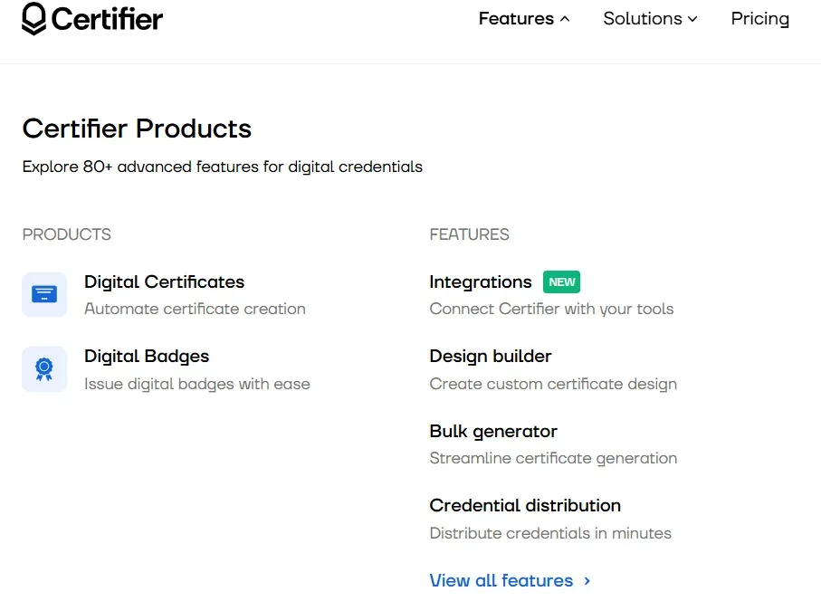 Certifier products menu with digital certificates, badges and feature list