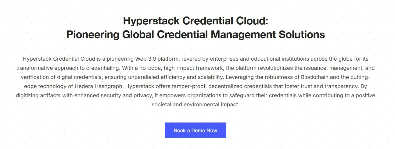 Hyperstack Credential Cloud banner with a Book a Demo Now button