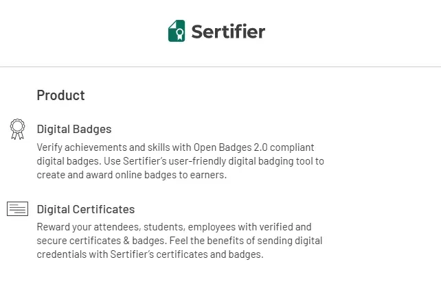 Sertifier product menu for digital badges and digital certificates