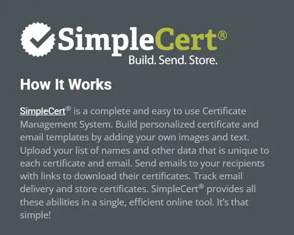 SimpleCert logo with a How It Works description of its certificate system