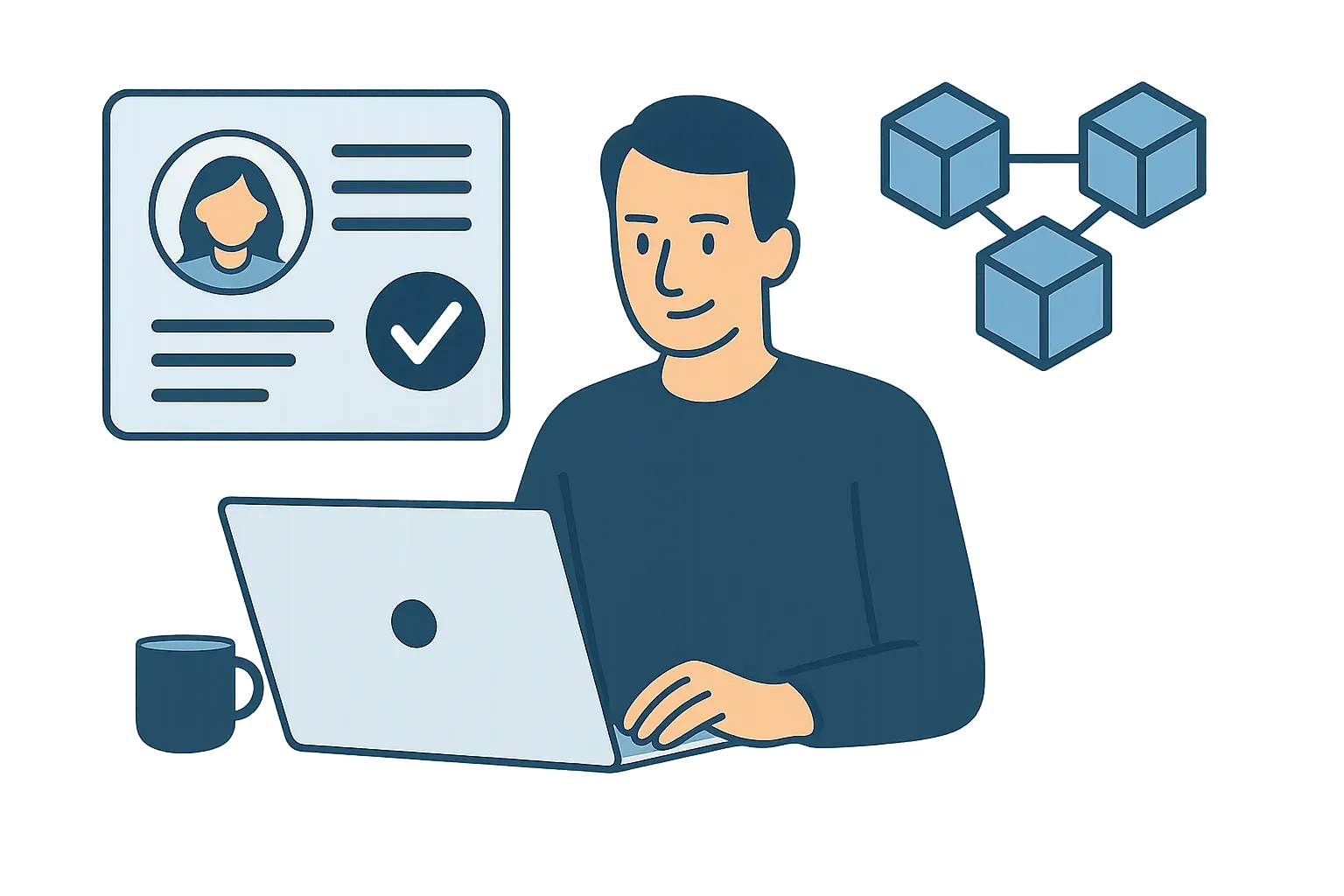Person at a laptop beside a verified profile credential and linked blockchain blocks