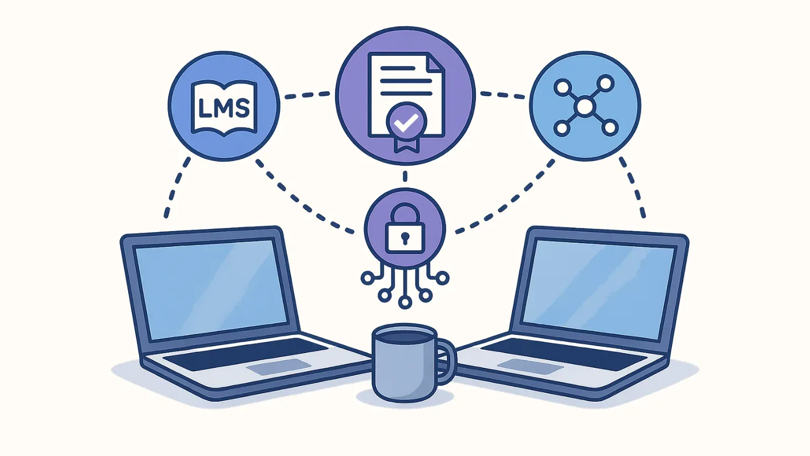 Two laptops linked to an LMS, a verified certificate and a network via a lock