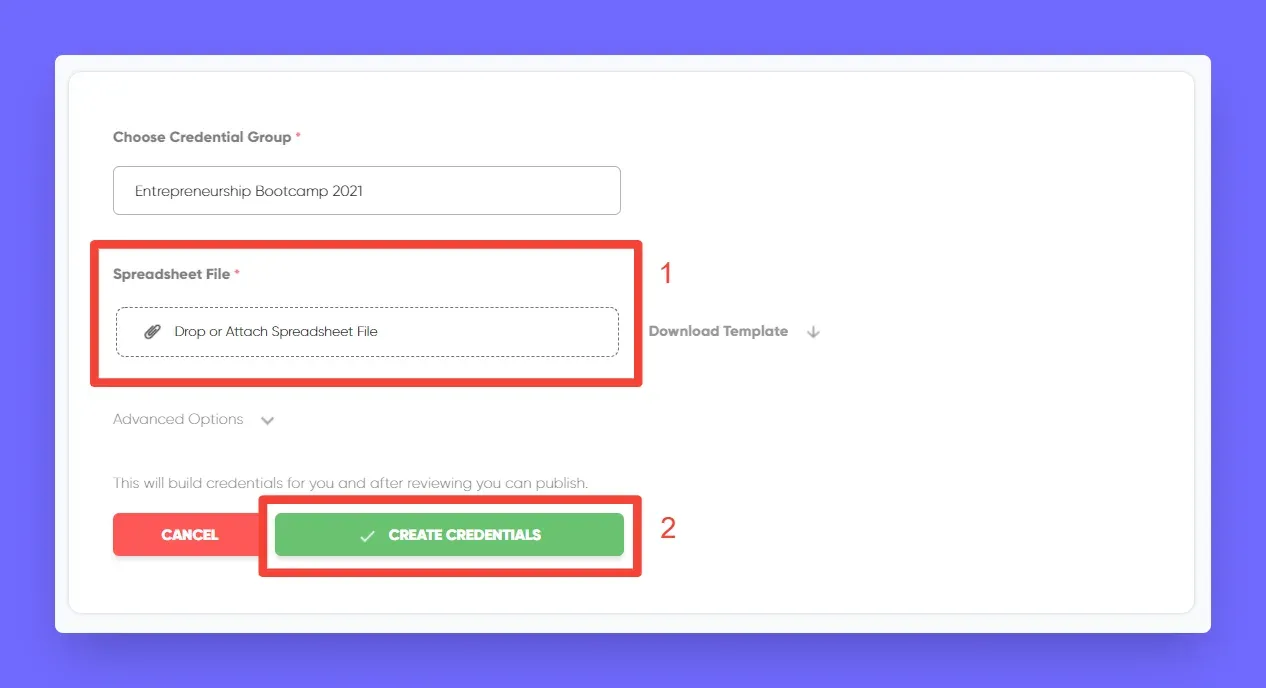 Credential form with spreadsheet upload and Create Credentials button highlighted