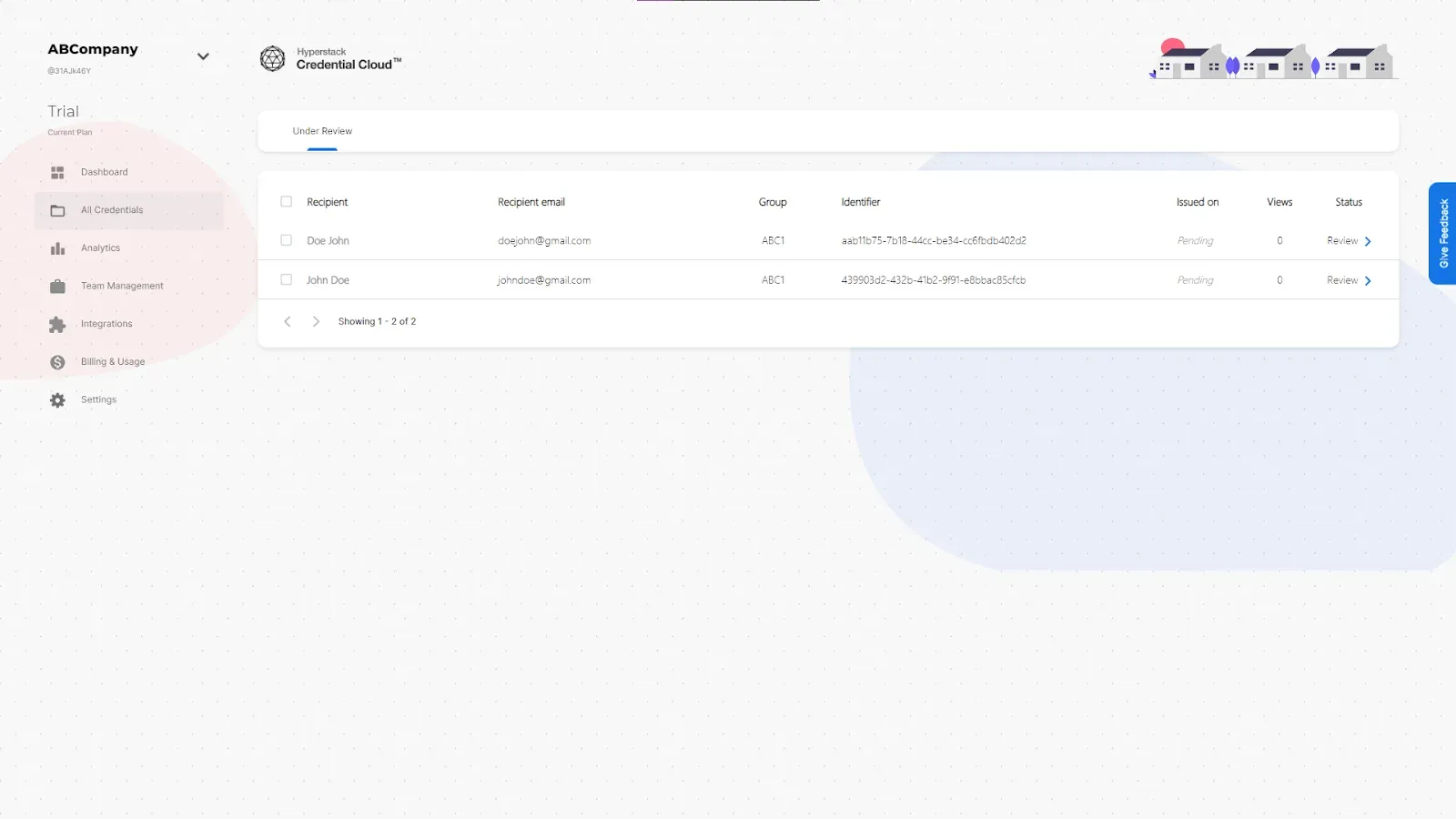 Hyperstack dashboard listing two credentials under review before publishing