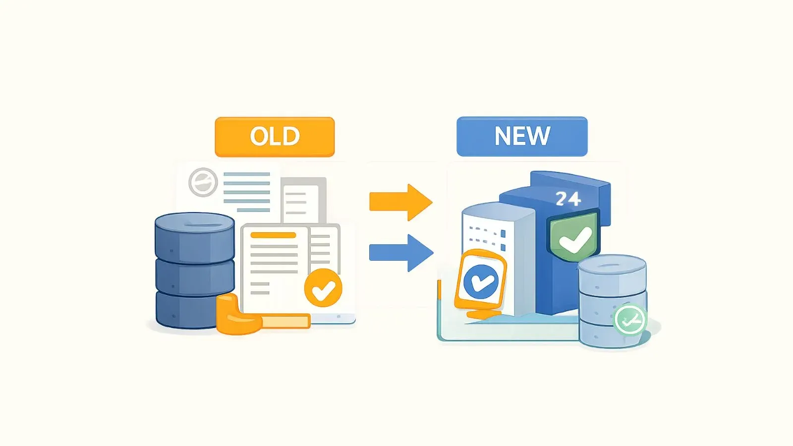 Illustration comparing an old database and paper record system with a new verified platform