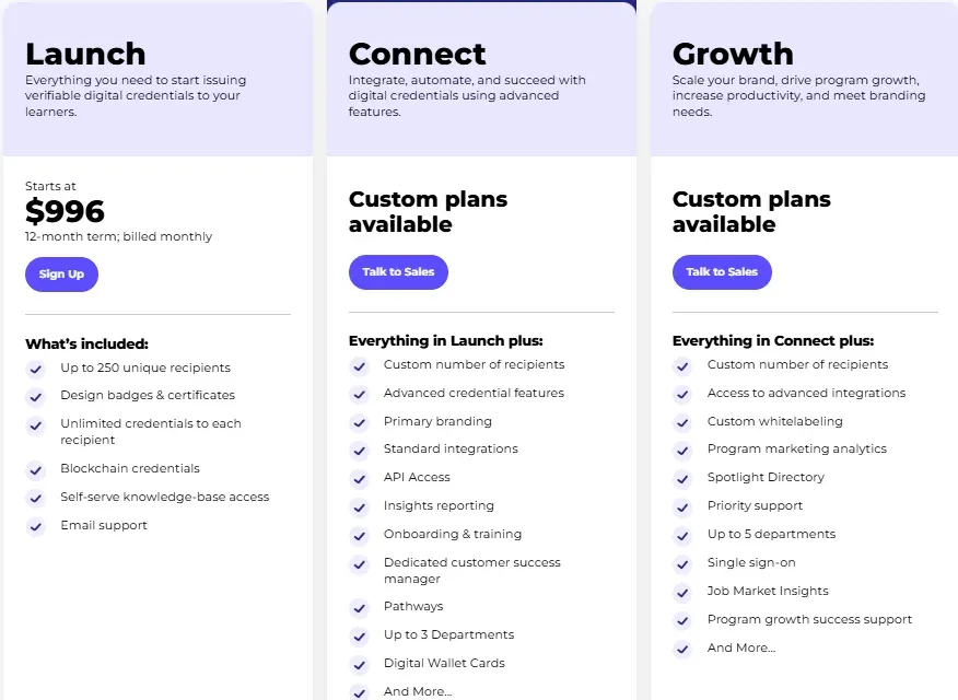 Accredible plans: Launch from $996, Connect and Growth with custom pricing