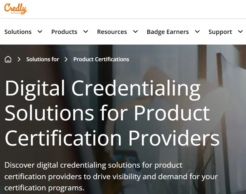 Credly website page on digital credentialing solutions for product certification providers