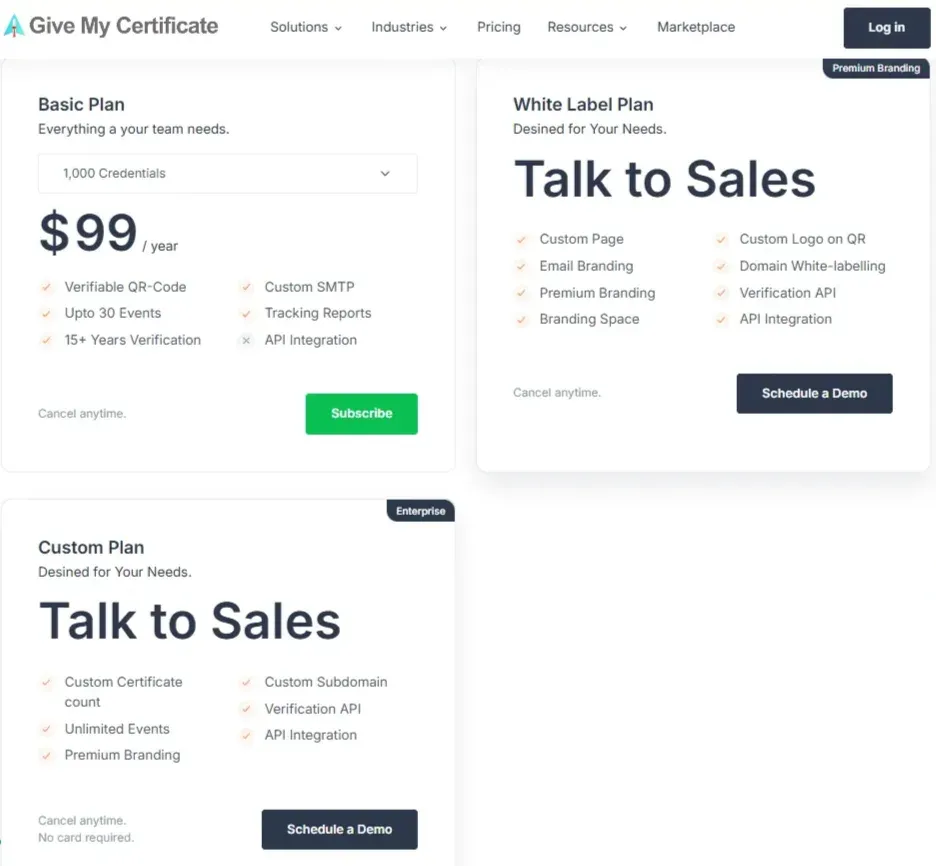 GiveMyCertificate pricing: Basic plan $99 per year, White Label and Custom plans via sales