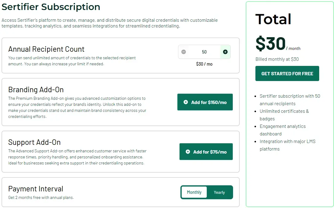 Sertifier subscription calculator: 50 recipients for $30 per month, with branding and support add-ons