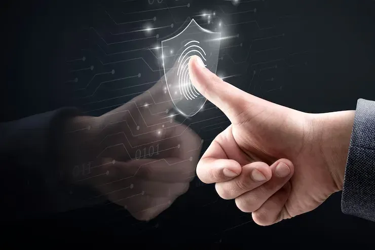 Hand touching a glowing shield with a fingerprint, suggesting secure verification