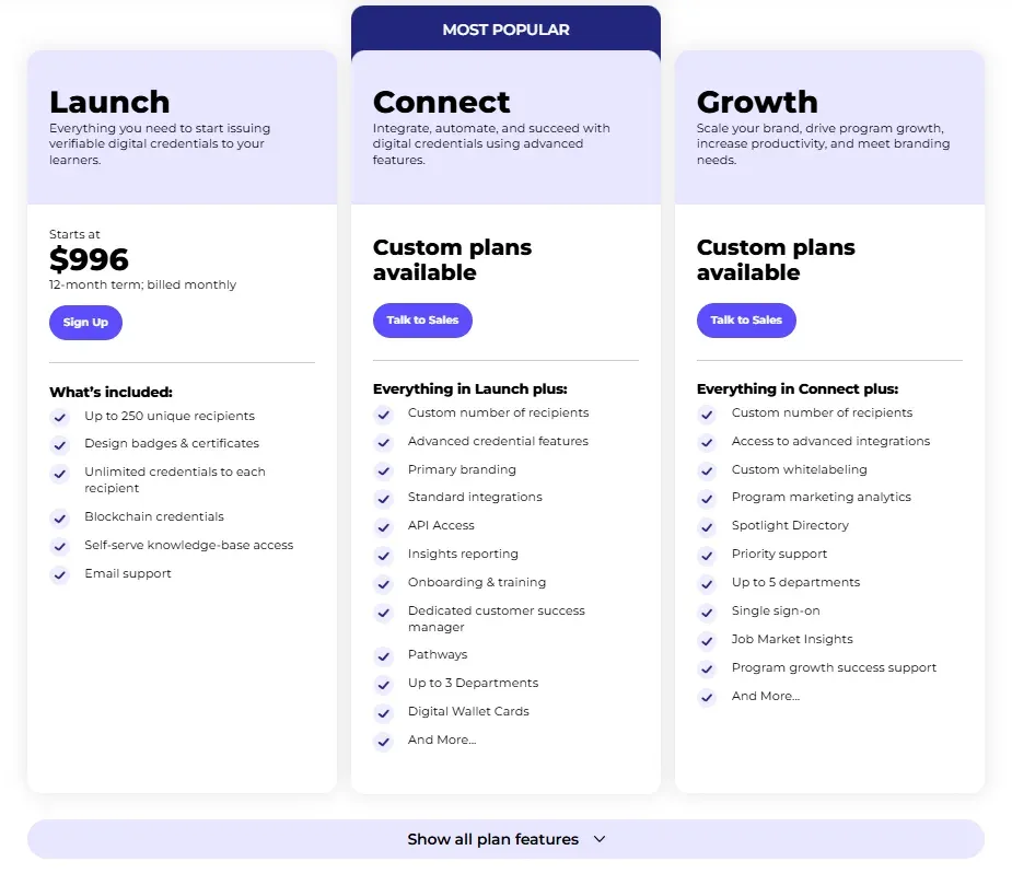 Accredible pricing plans: Launch from $996, Connect and Growth by custom quote
