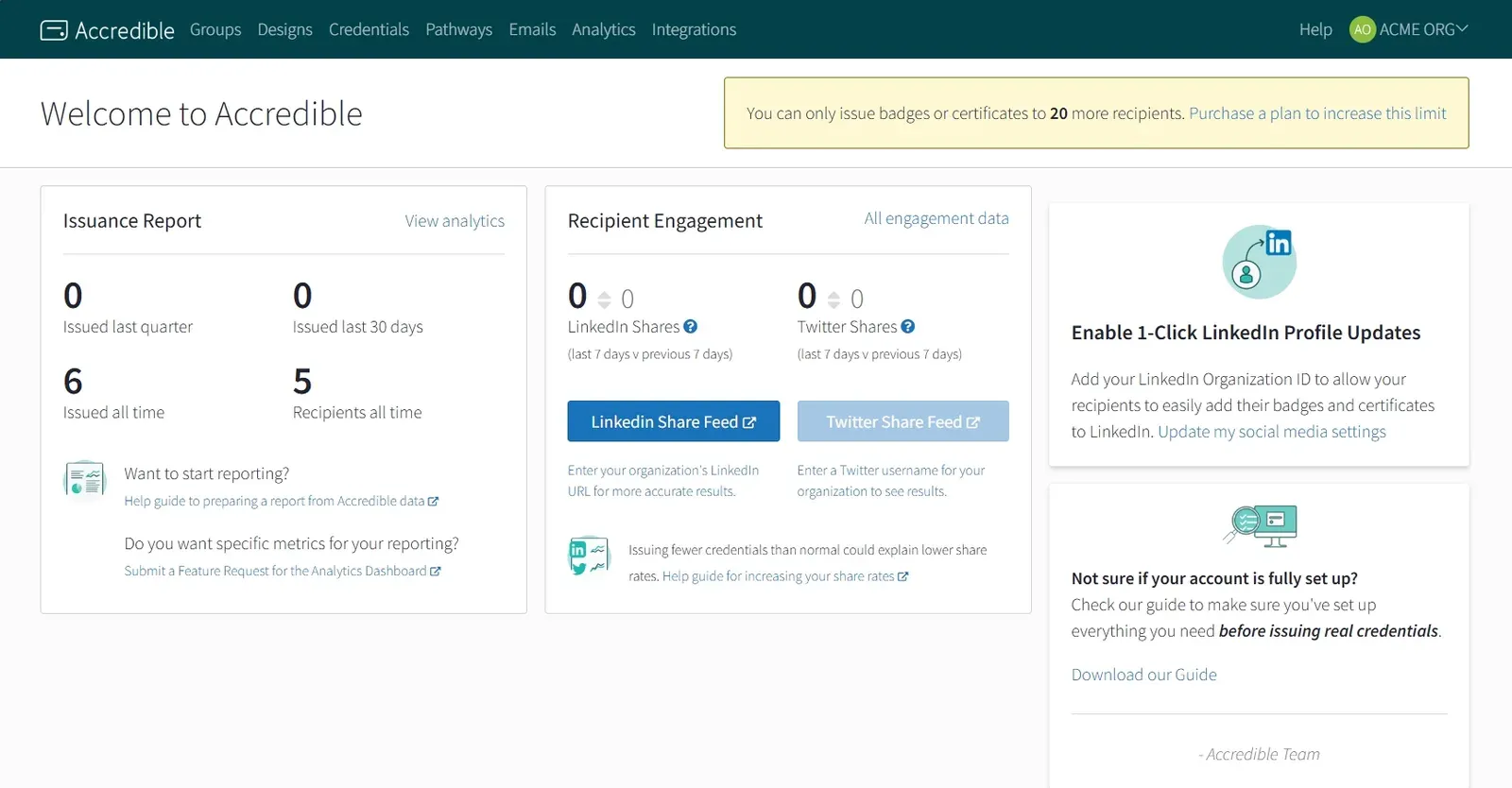 Accredible welcome dashboard with issuance report and recipient engagement panels
