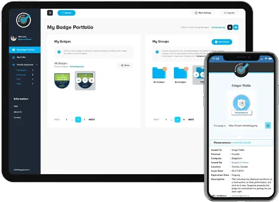 BadgeCert badge portfolio shown on a laptop and a phone