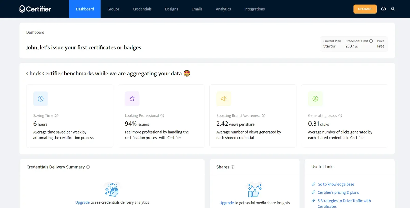 Certifier dashboard showing benchmarks, delivery summary and shares panels