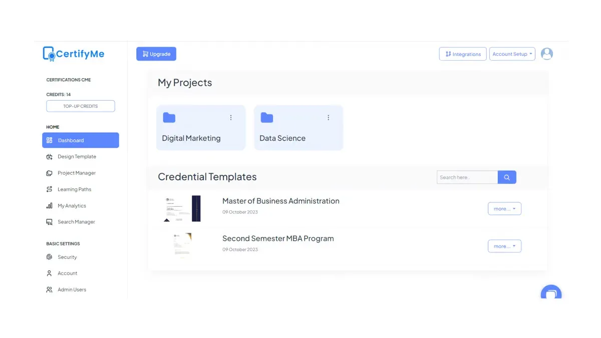 CertifyMe dashboard showing projects and credential templates