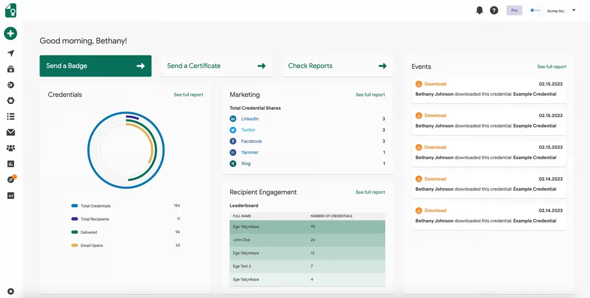 Sertifier dashboard with credential stats, marketing shares, leaderboard and events