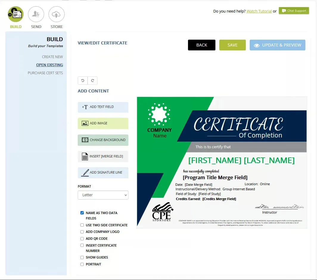 SimpleCert editor building a certificate of completion template with merge fields