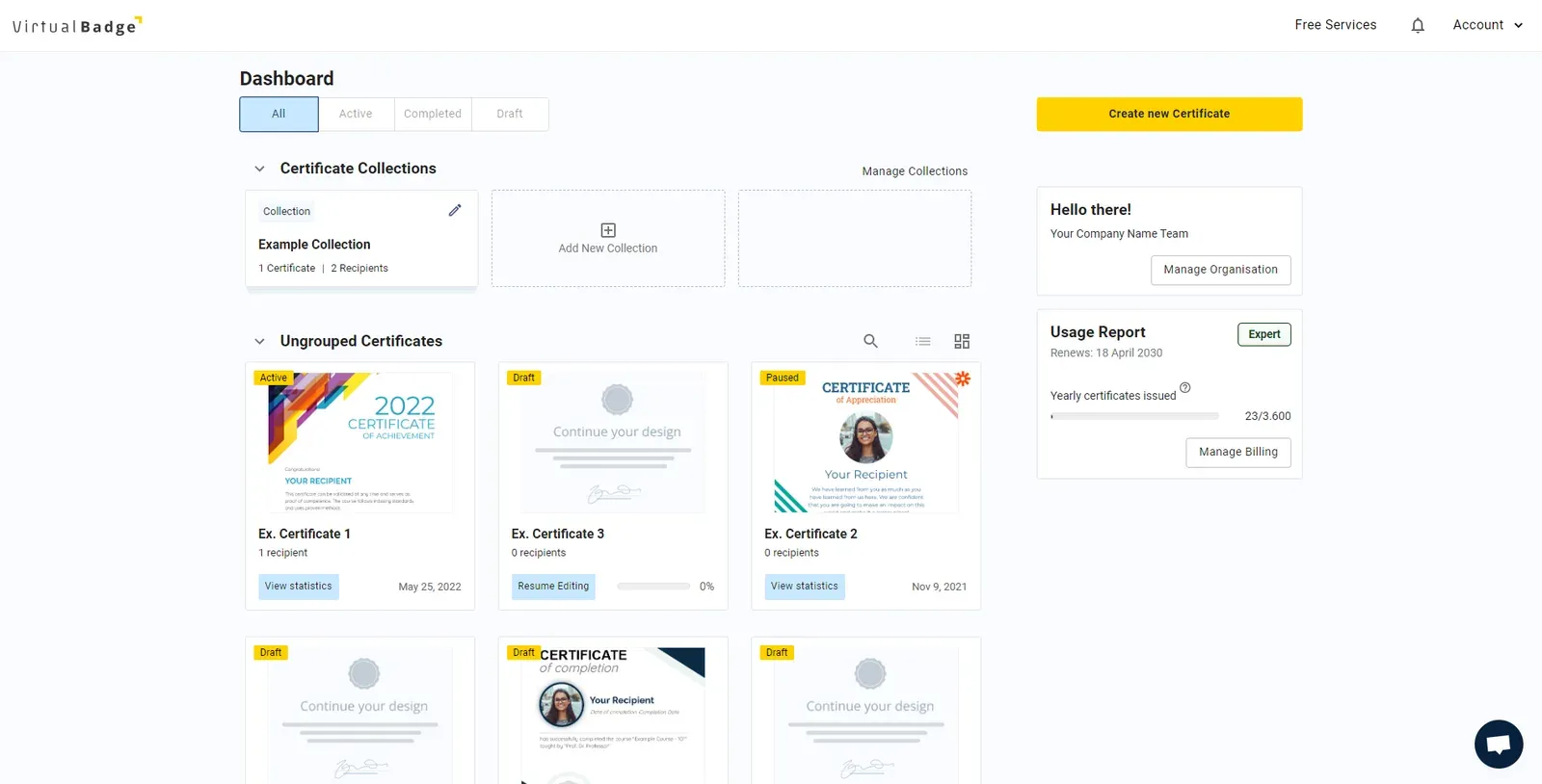 VirtualBadge.io dashboard with certificate collections and usage report