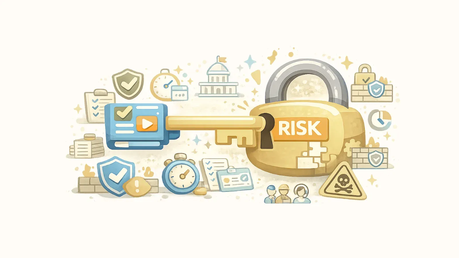 A credential card shaped key unlocking a padlock labelled risk, surrounded by security icons