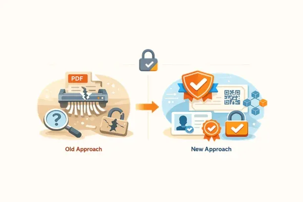 Old approach of shredded PDF certificates versus new approach of verified, QR-coded digital credentials