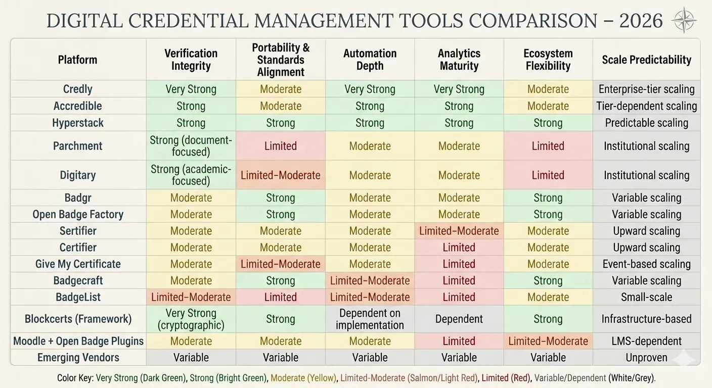 Table rating 14 credential platforms on verification, portability, automation, analytics, ecosystem and scale