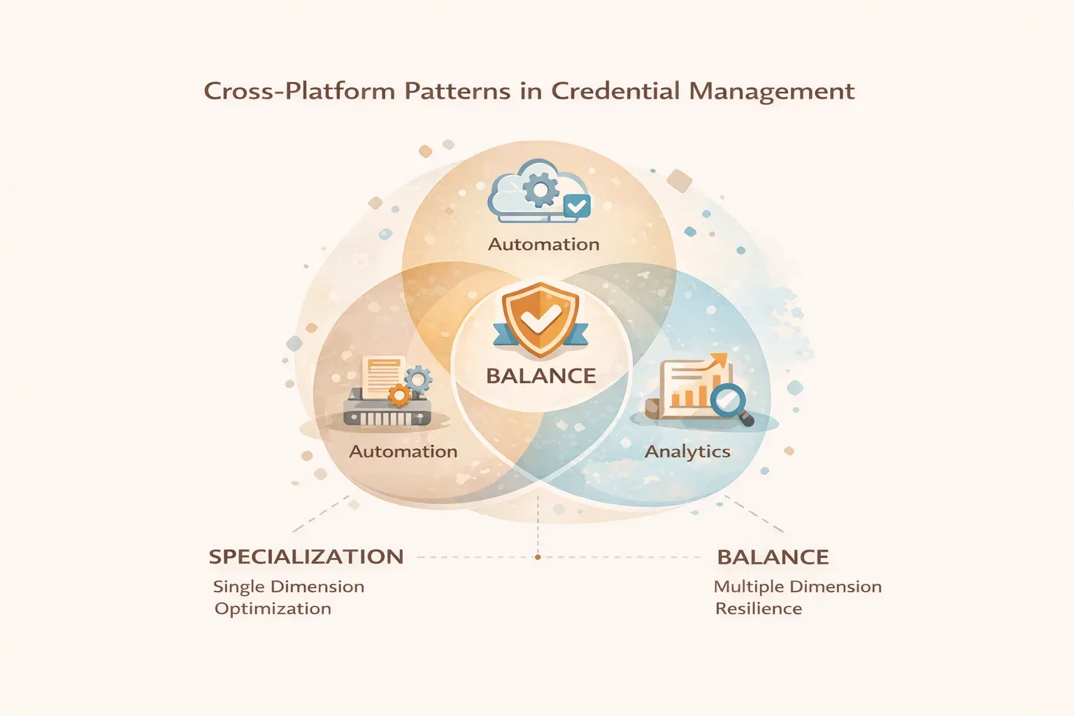 Venn diagram of automation and analytics, contrasting single-dimension specialization with multi-dimension balance