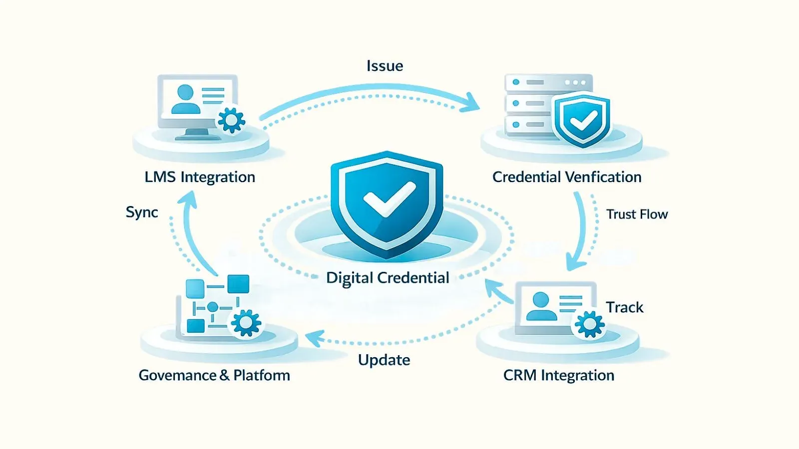 Cycle diagram linking a digital credential to LMS, verification, CRM and governance systems