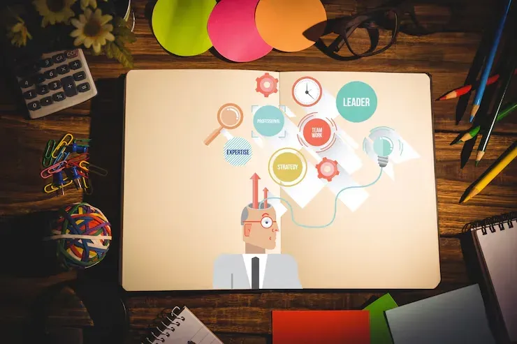 Open notebook with an illustrated professional and icons for expertise, strategy and leadership