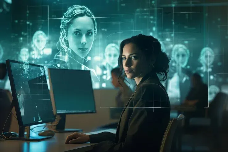 Woman at a computer desk in front of holographic digital profile images