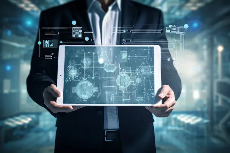 Businessman holding a tablet with digital network graphics