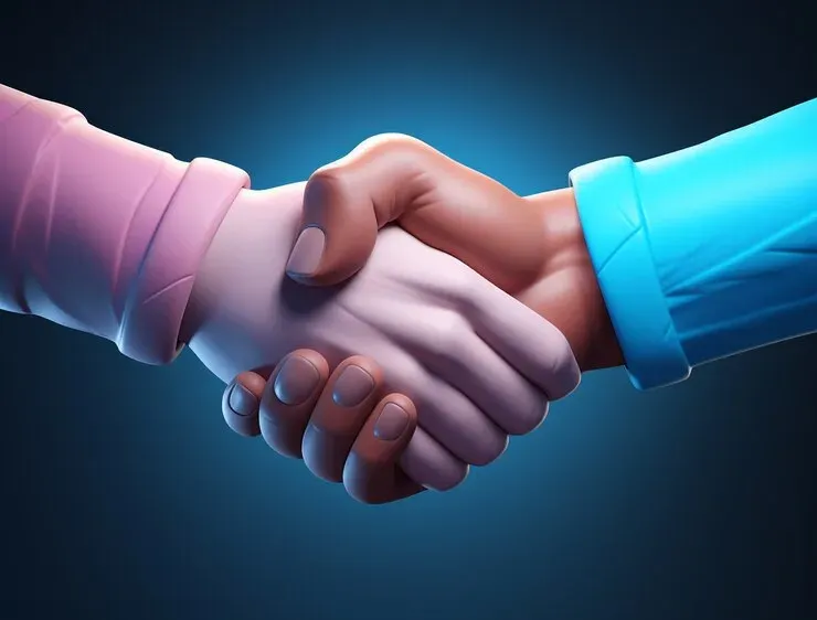 Two cartoon hands in pink and blue sleeves shaking hands